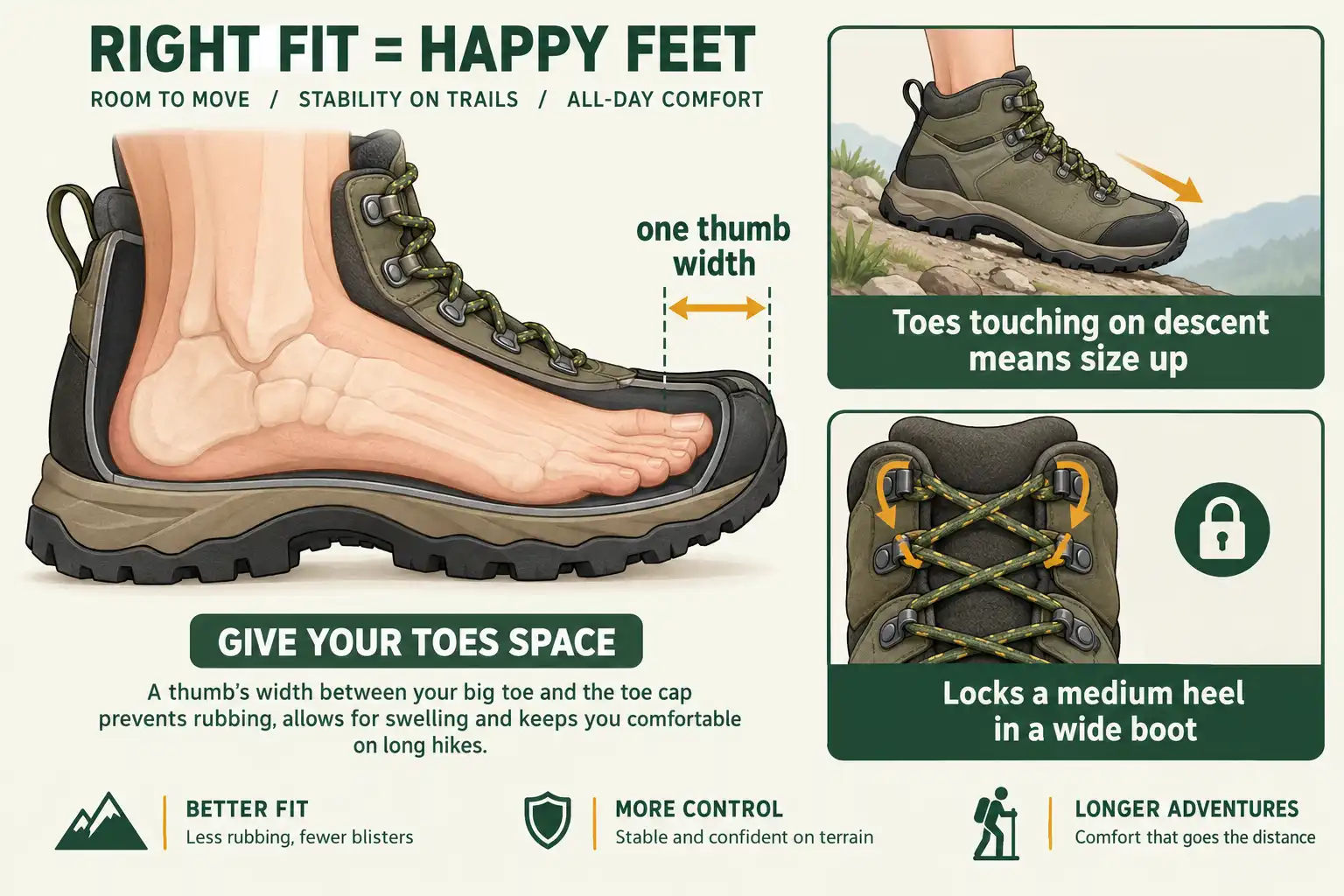Diagram showing a foot inside a hiking boot with a thumb width of space measured in front of the big toe