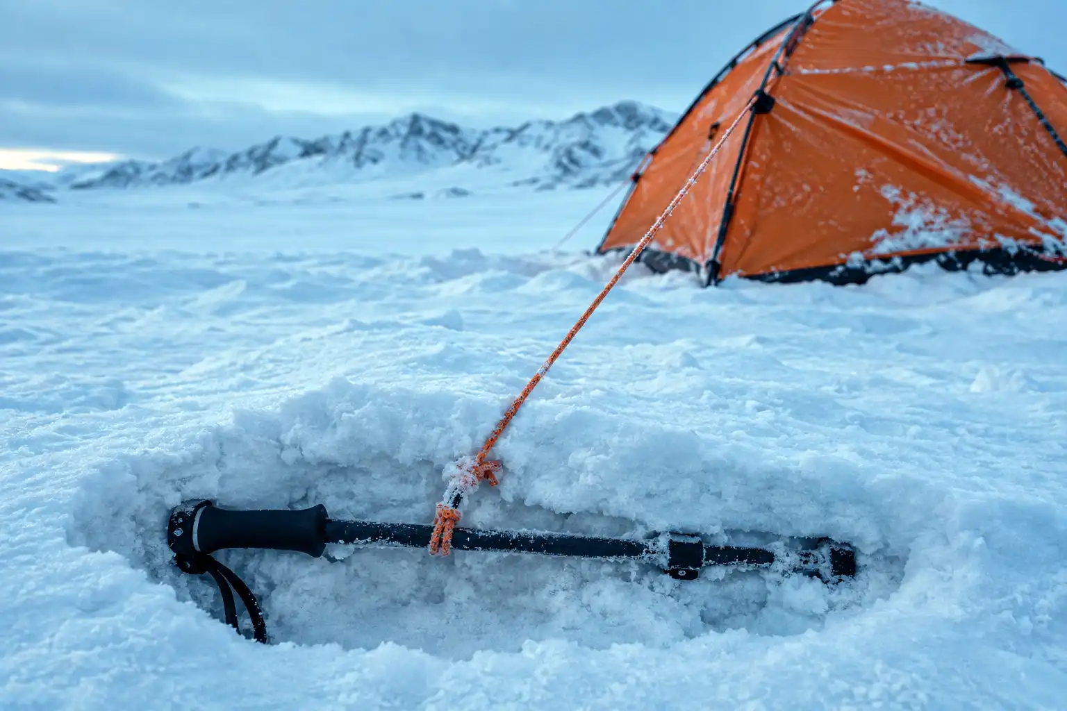 Trekking pole buried horizontally under packed snow with a guyline running up to a tent pitched on a snowfield
