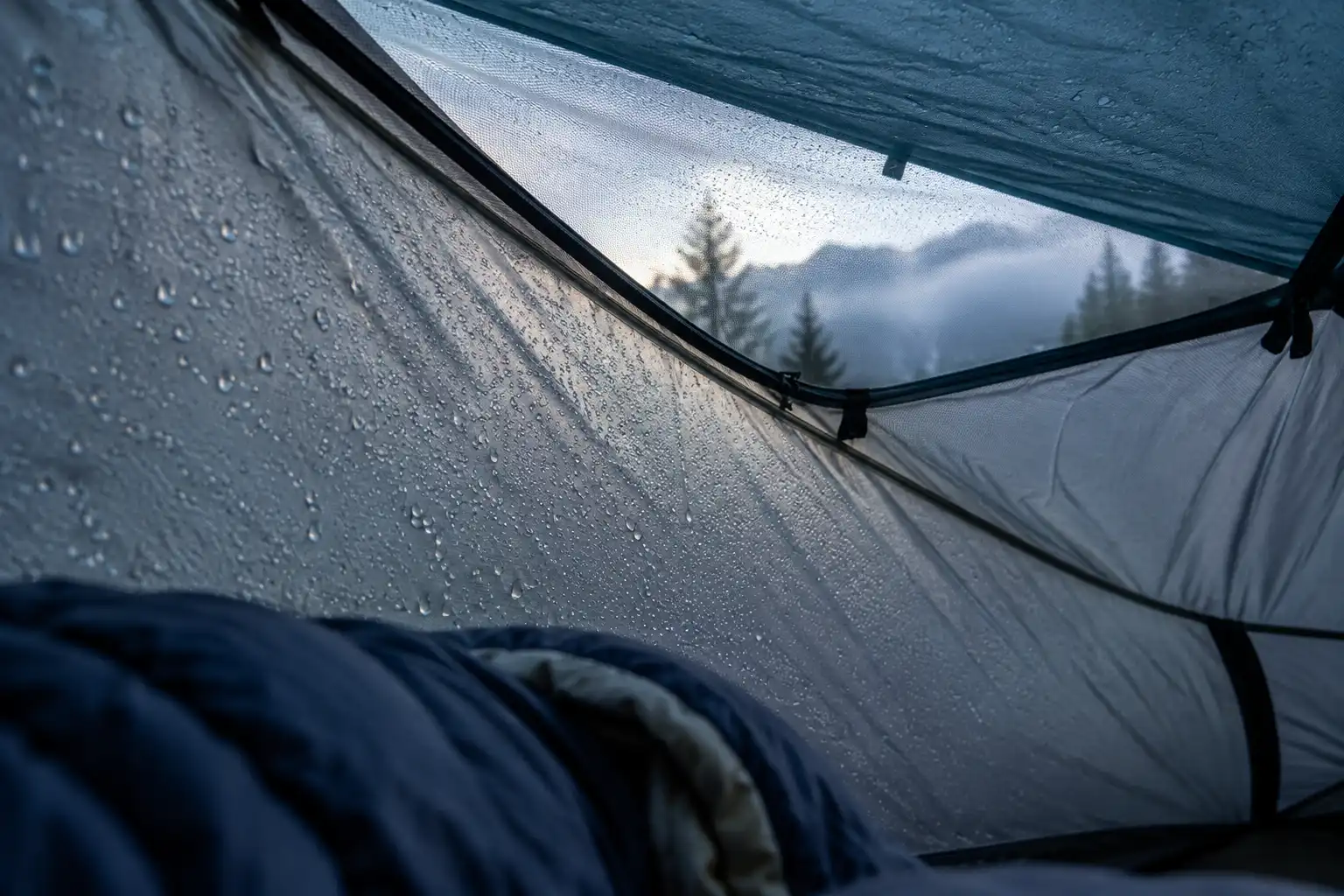 Close view of condensation beading on the inside of a tent canopy next to an open mesh roof vent in early morning light
