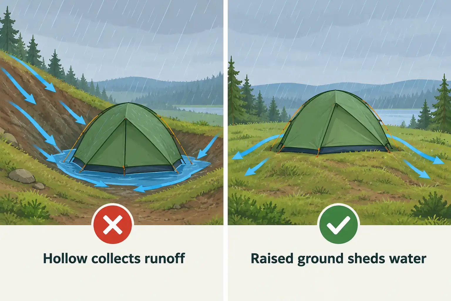 Side by side comparison showing a tent sitting in a water filled hollow next to a tent pitched on higher sloping ground that sheds runoff
