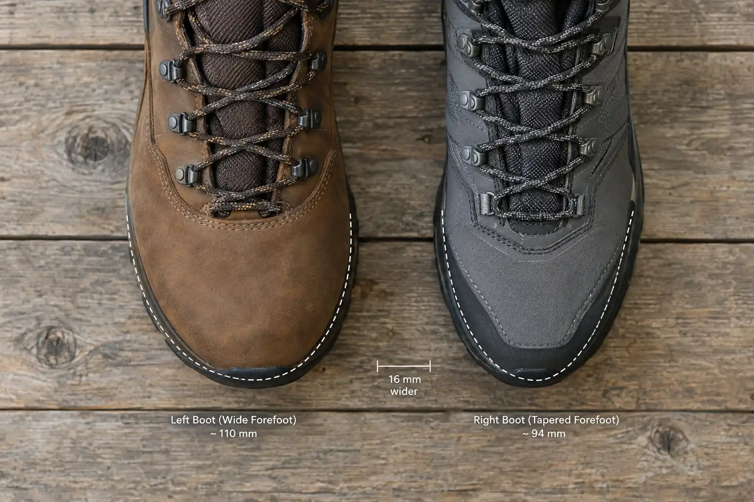 Top down view comparing a roomy forefoot hiking boot against a tapered forefoot hiking boot on a wooden floor