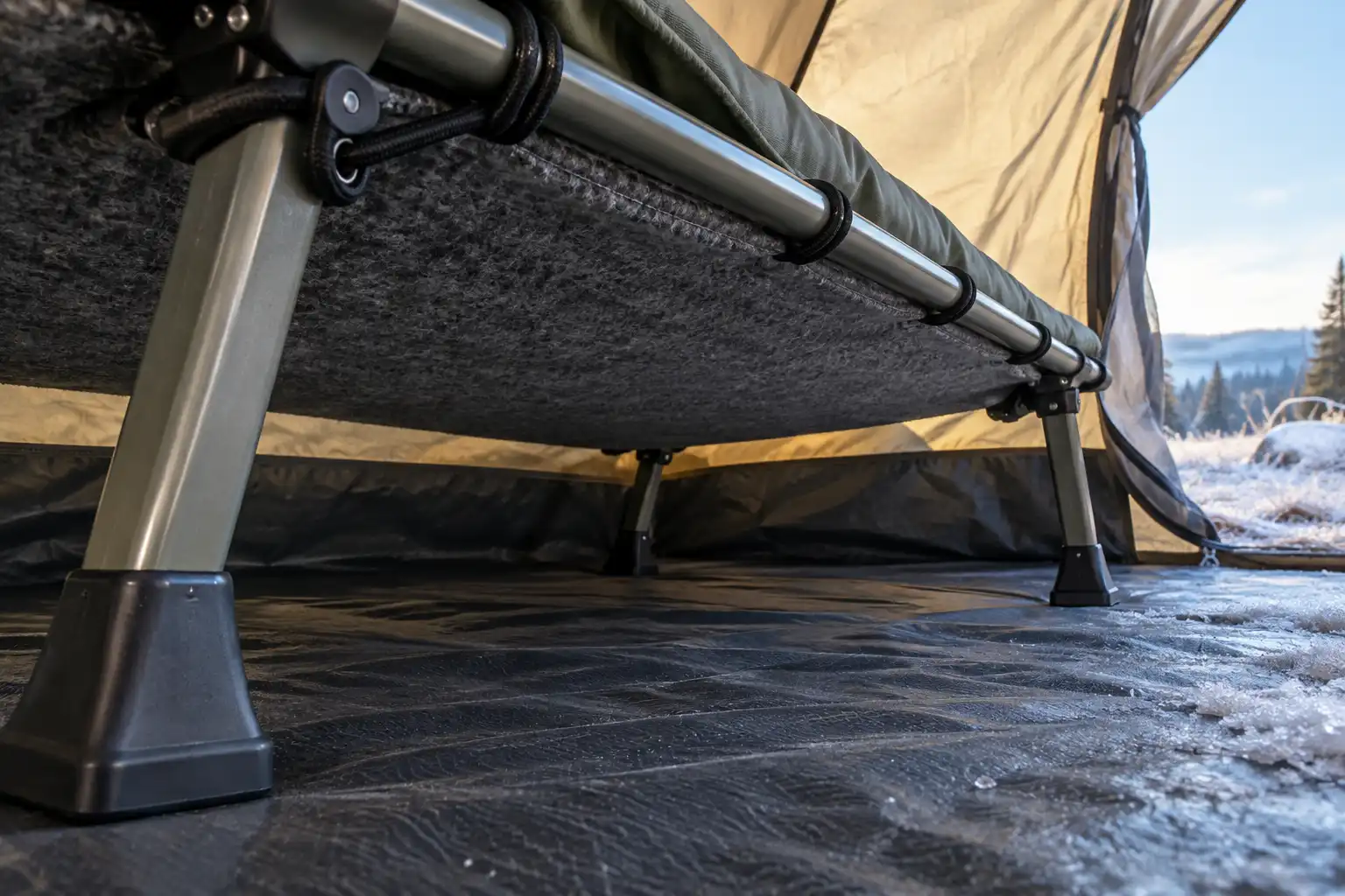 Wool blanket secured with shock cord across the underside of a camping cot frame to stop cold air moving beneath the sleeper