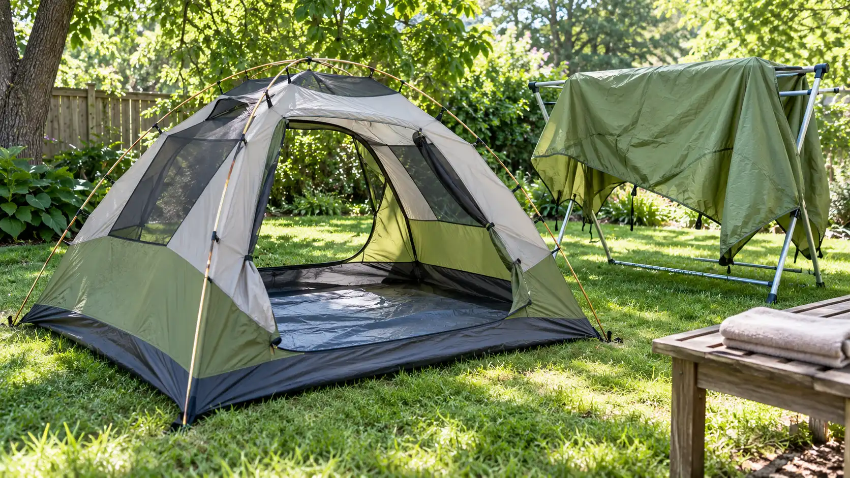 Open camping tent drying in shade with rainfly and floor exposed to airflow