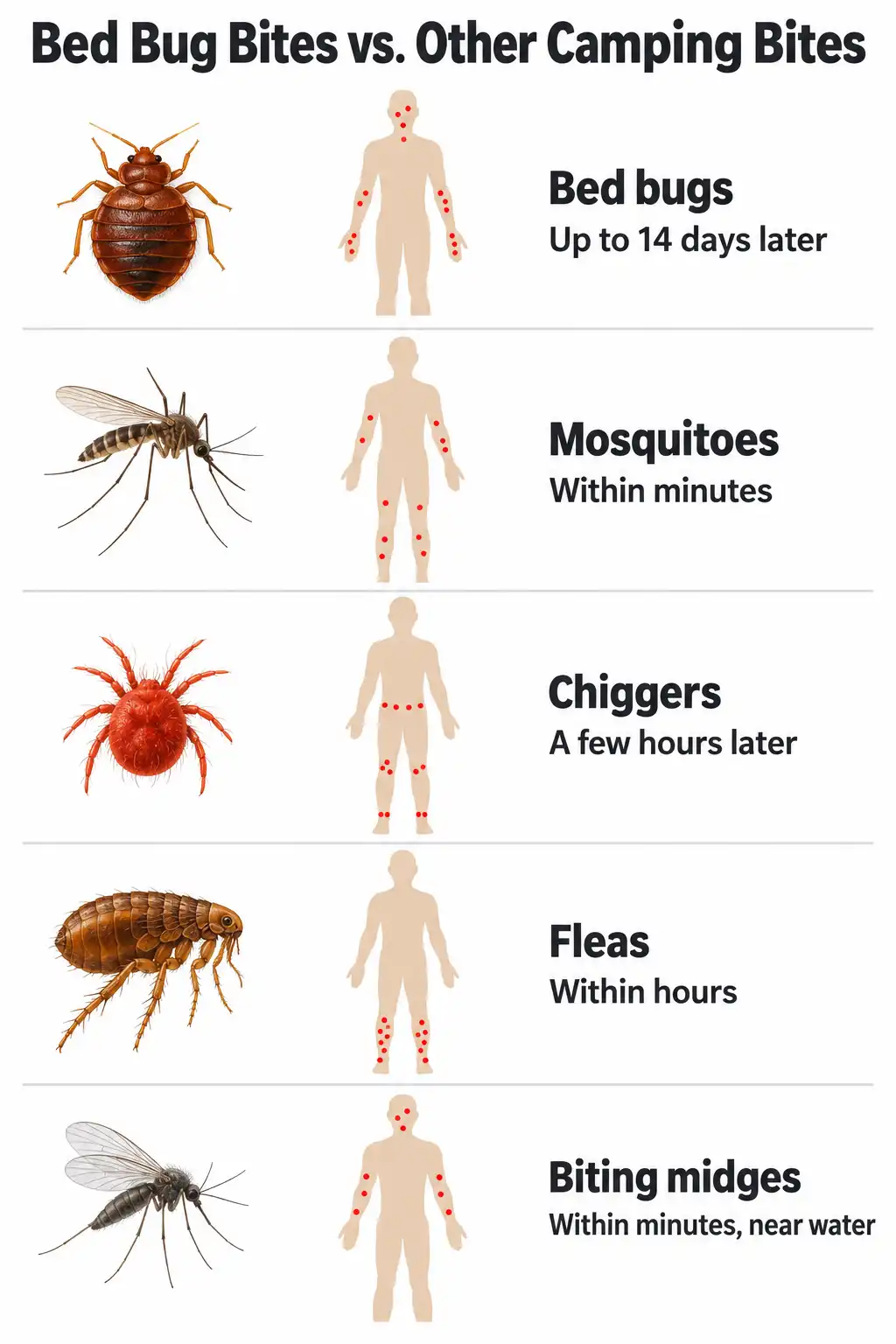 Chart comparing bed bug bites with mosquito, chigger, flea, and midge bites