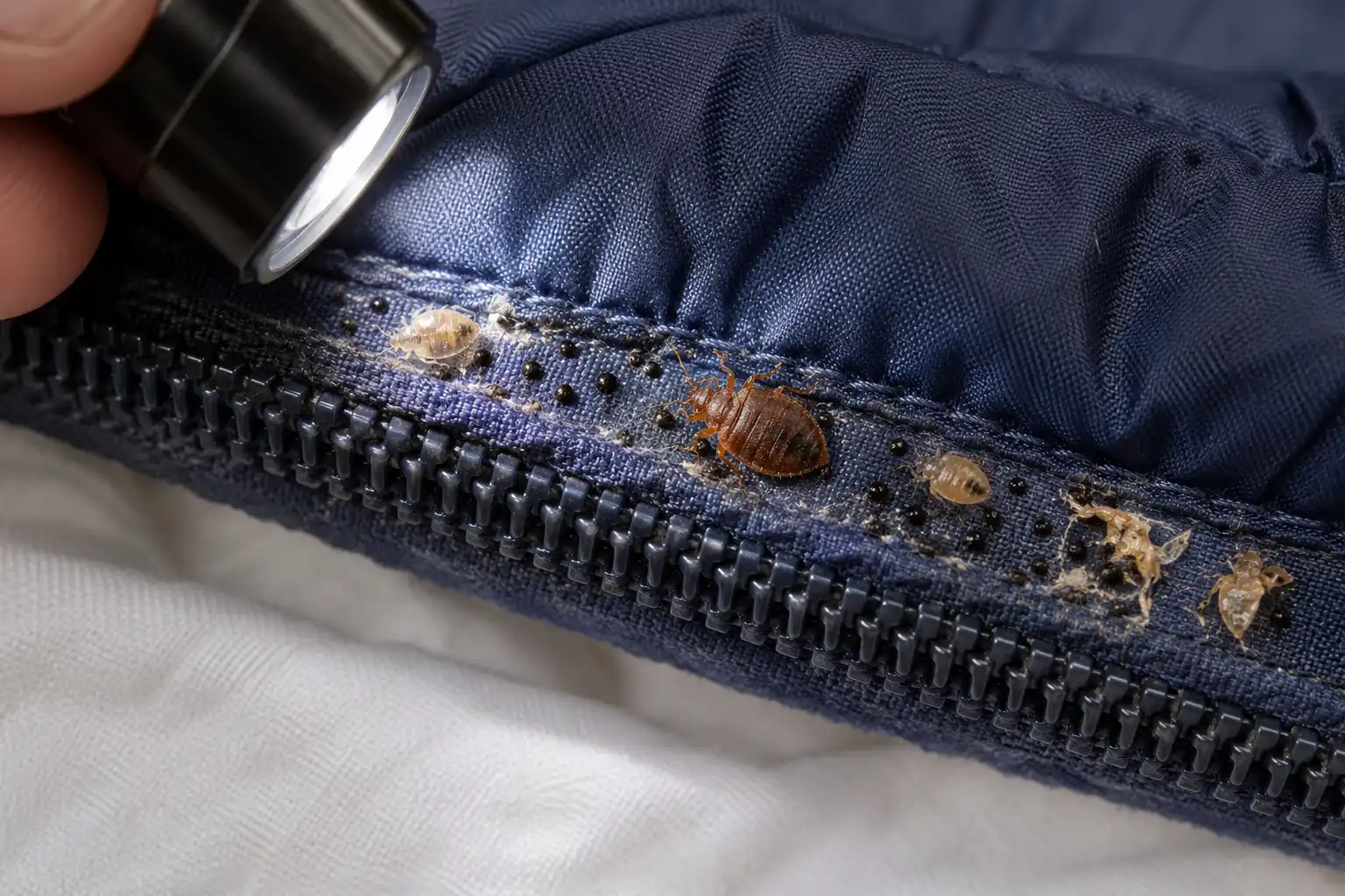 Bed bug, dark spots, and shed skins along a sleeping bag seam