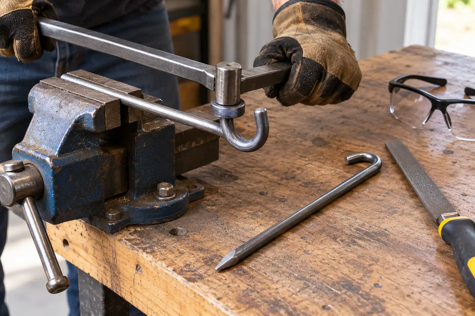 Steel rod bent into a rounded tent stake hook using a workshop vise.
