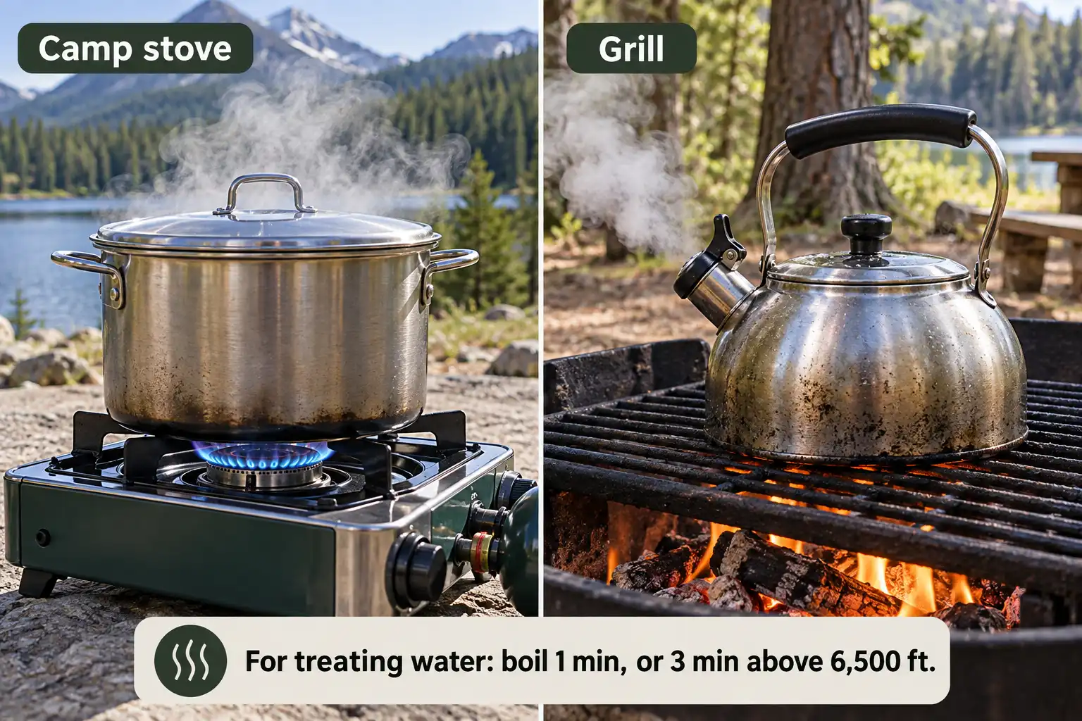 Camping pots reach a rolling boil on a stove and an outdoor grill.