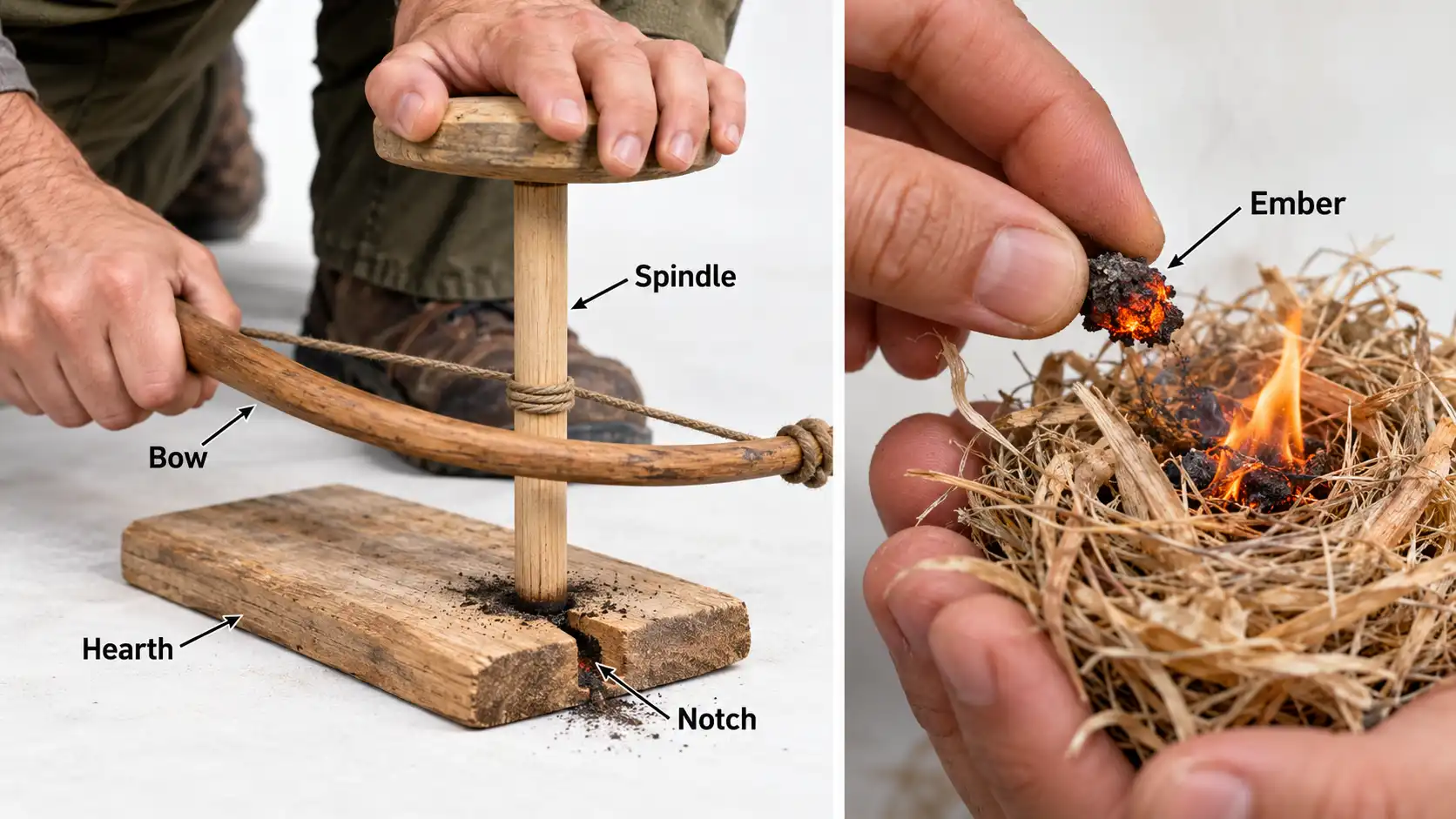 Bow drill parts and ember transfer steps for starting a fire.