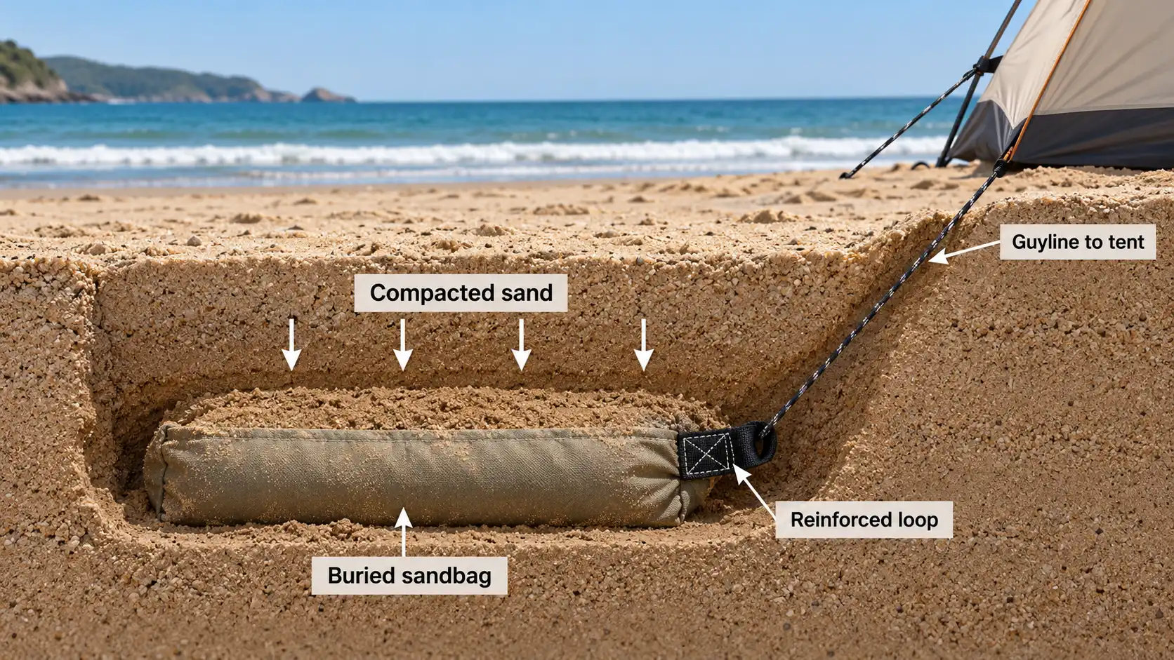 Cross-section of a sandbag buried sideways with a guyline leading to a beach tent.
