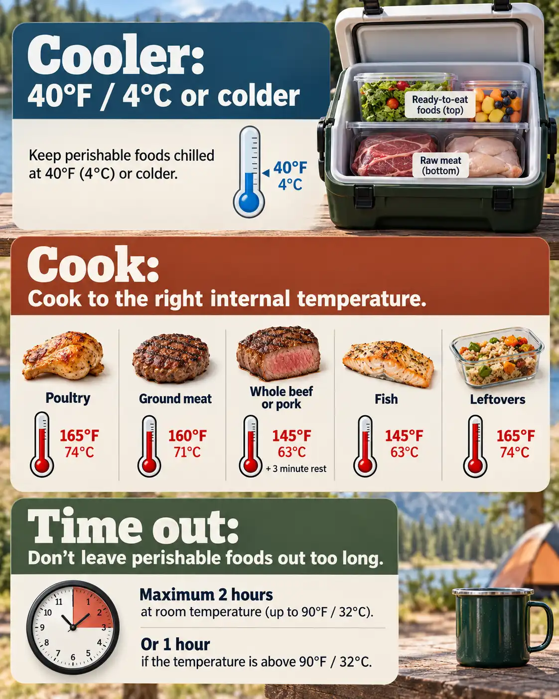 A camping food safety chart shows cooler and cooking temperatures.