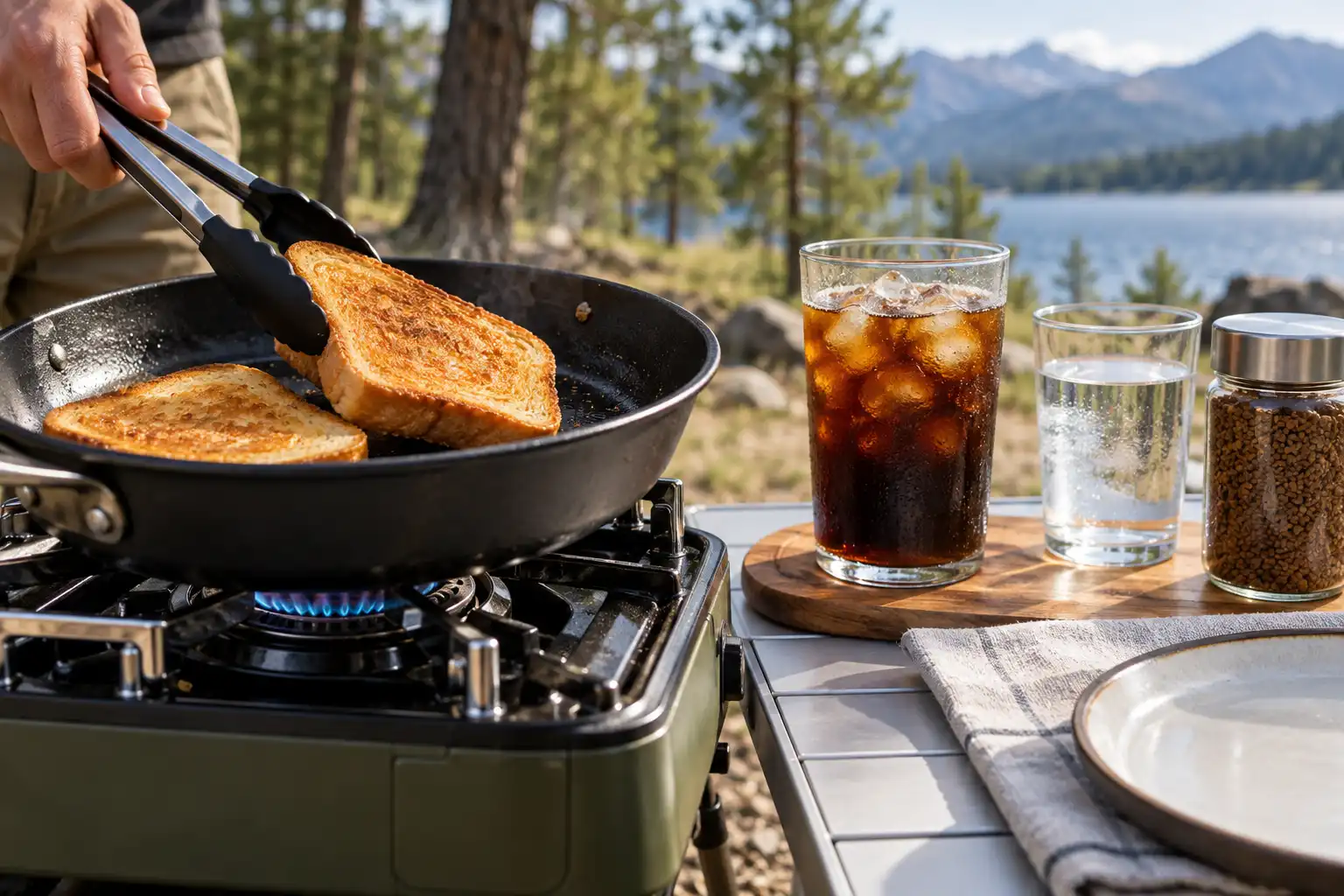 Bread toasts in a skillet beside chilled coffee prepared without a campfire.