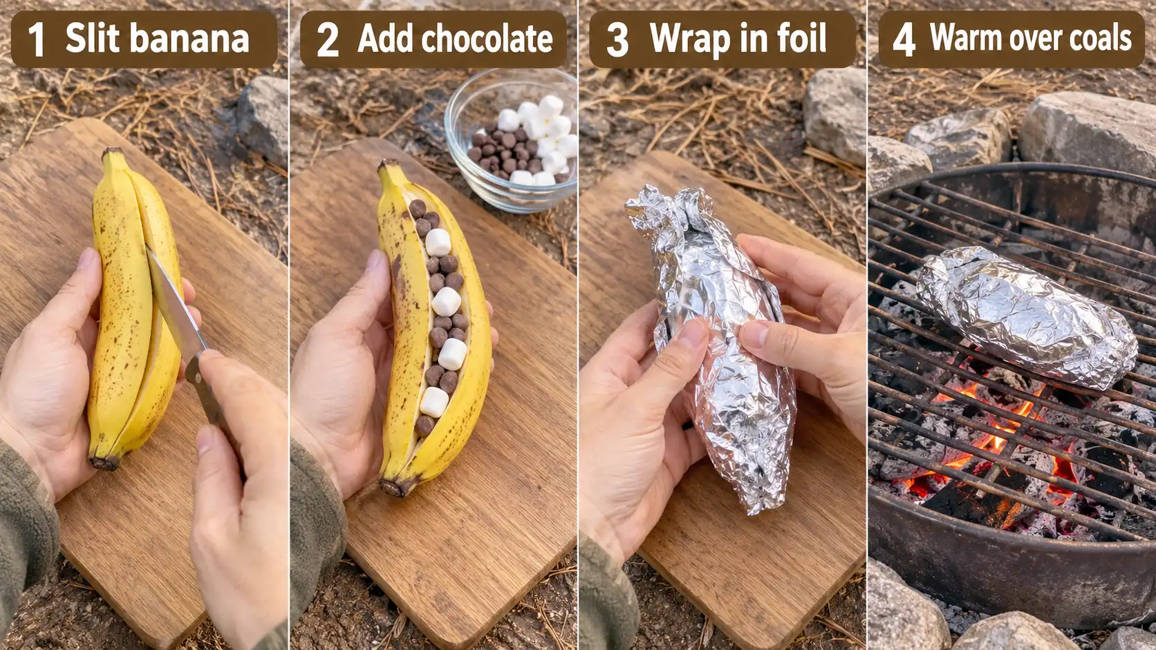 Four steps for making a chocolate banana boat snack over campfire coals.
