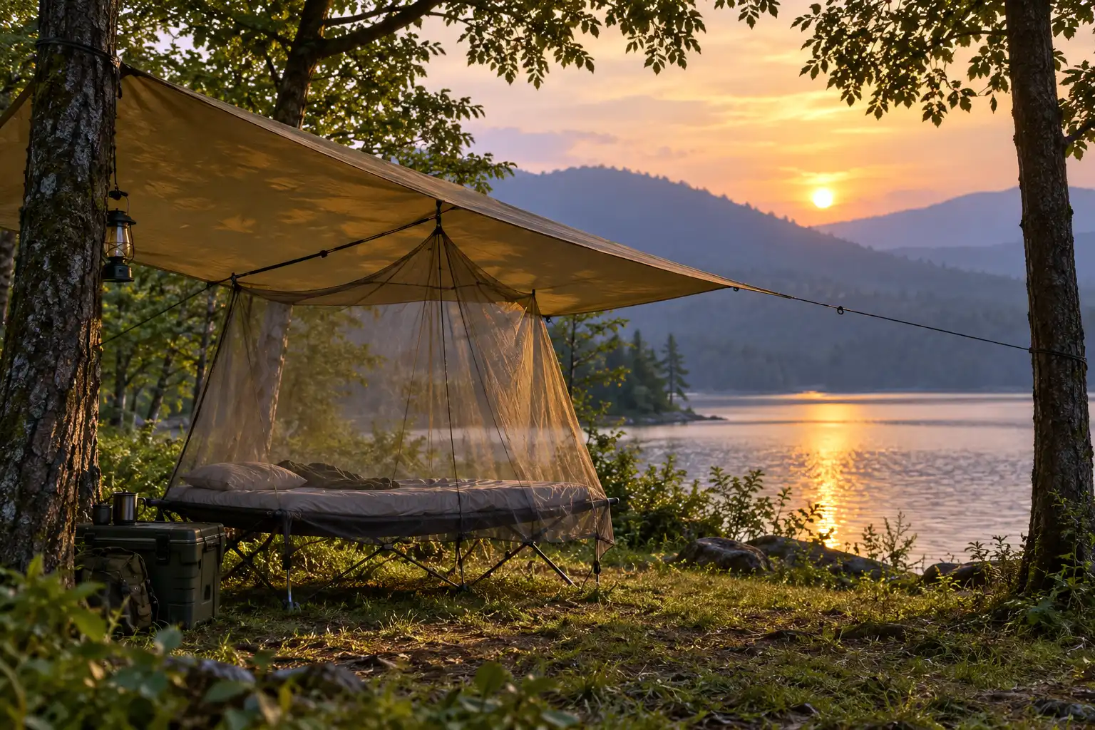 Camping cot under a tarp beside a lake on a hot evening