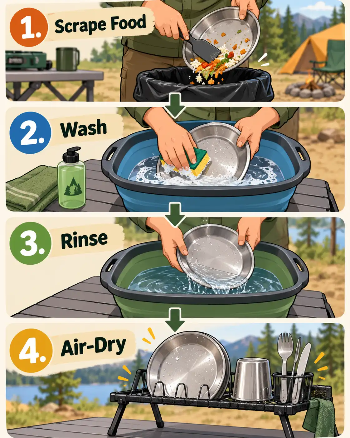 Infographic showing how to scrape, wash, rinse, and dry camping dishes.