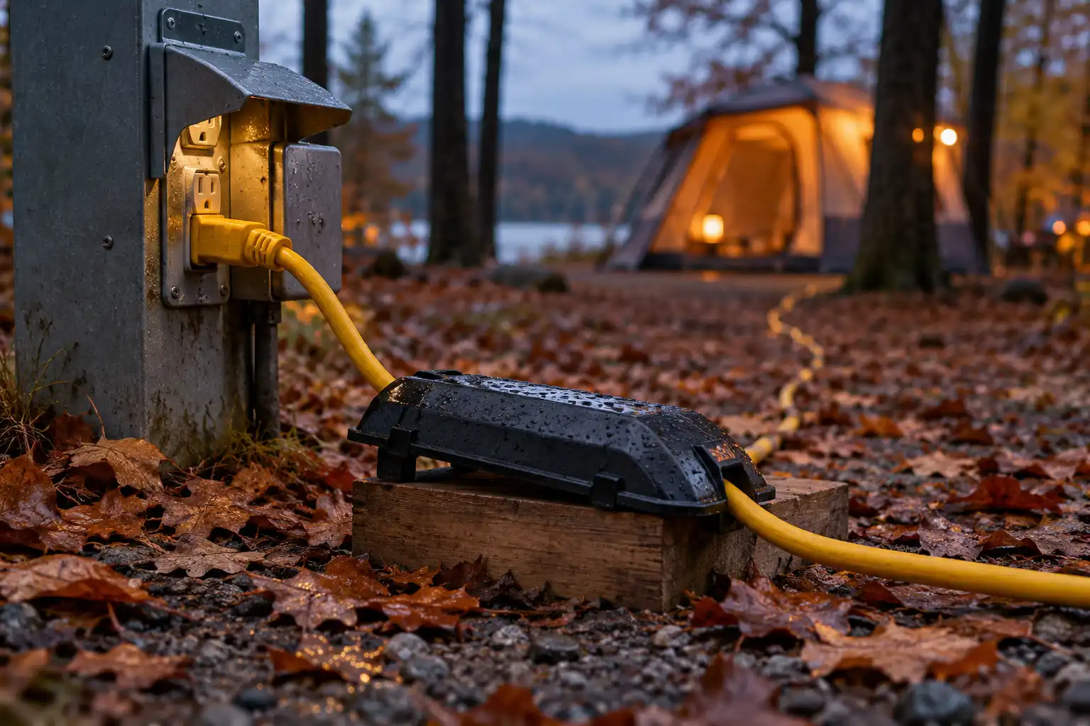 Outdoor extension cord running from a campsite power pedestal to a tent
