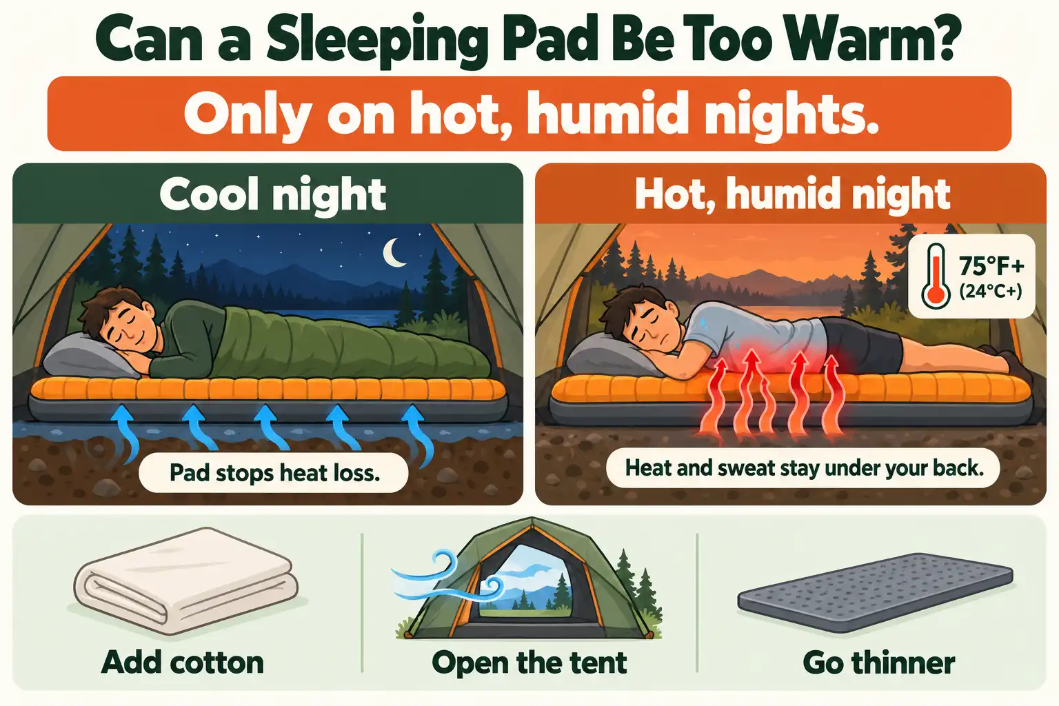 Infographic showing when a sleeping pad gets too warm and how to stay cool