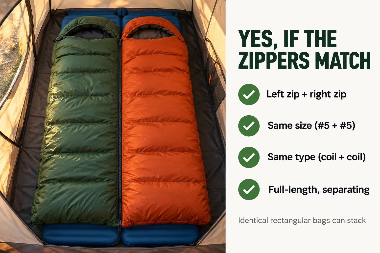 Two sleeping bags zipped into a double with a zipper match checklist
