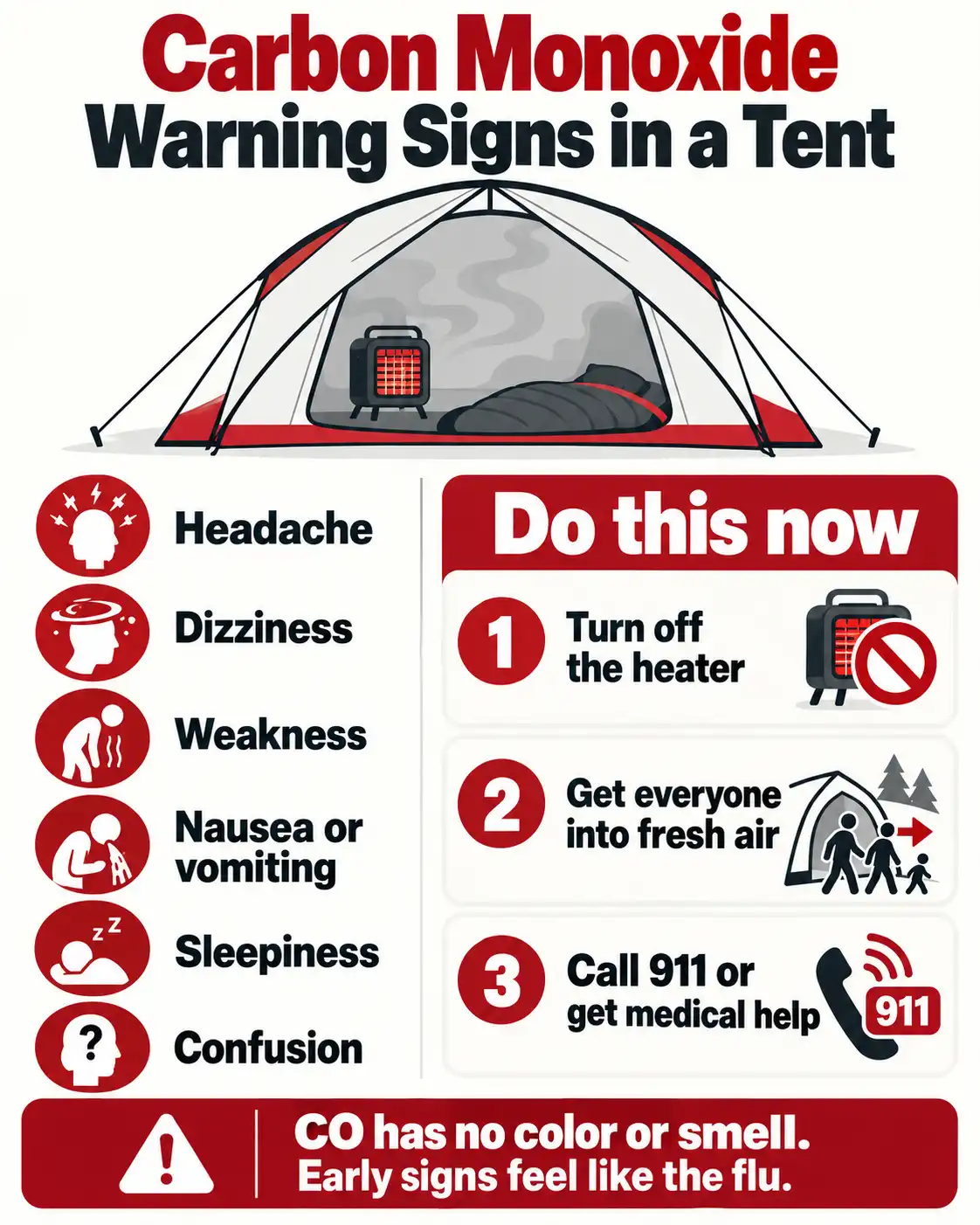 Infographic of carbon monoxide warning signs in a tent