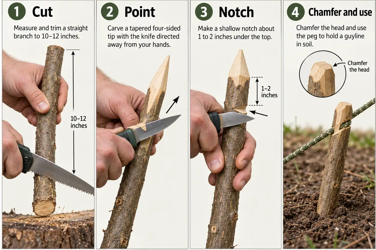 Four steps for carving a wooden tent peg with a tapered tip and cord notch.