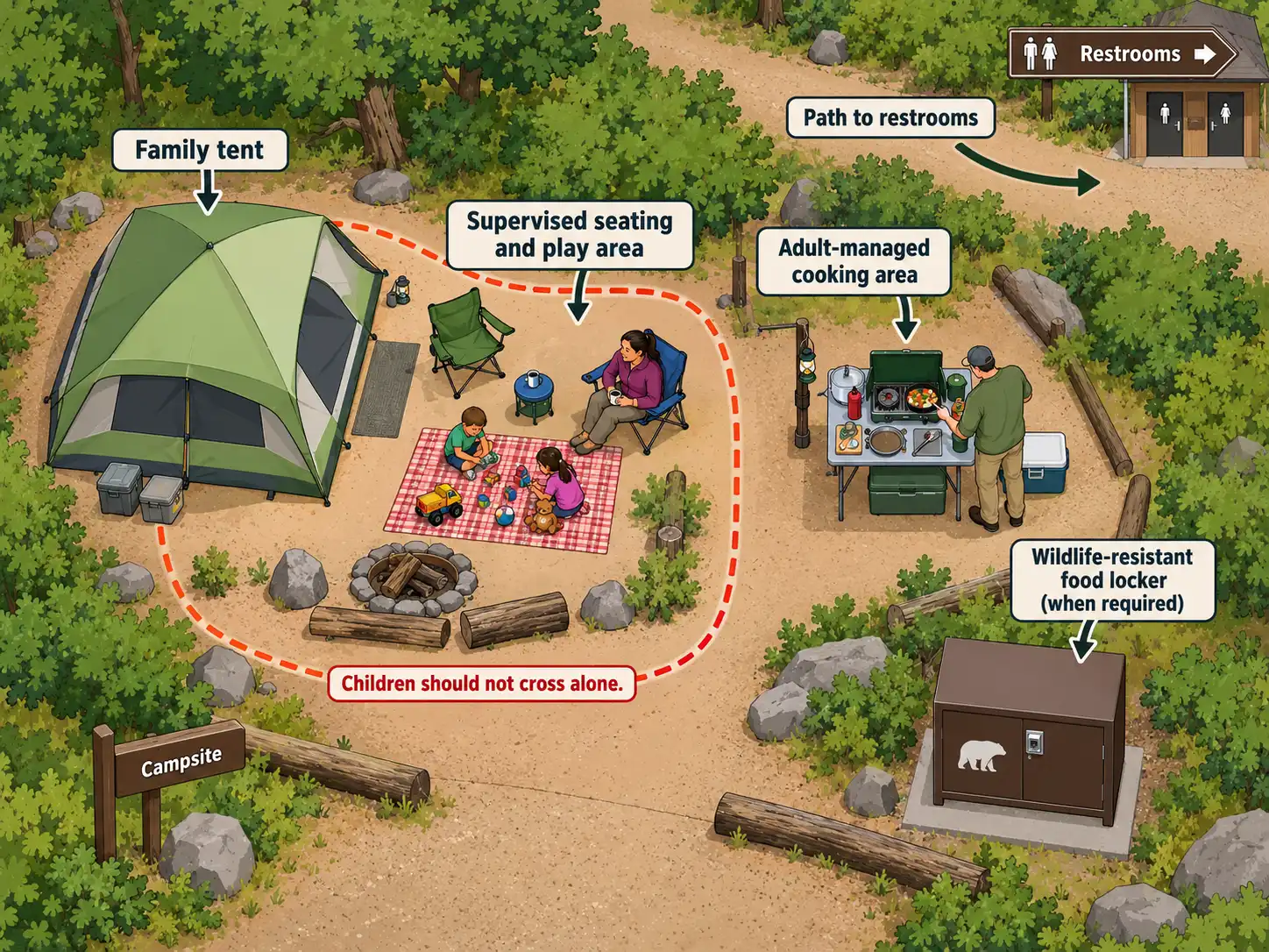 Campsite layout separating family tent and play space from cooking hazards.