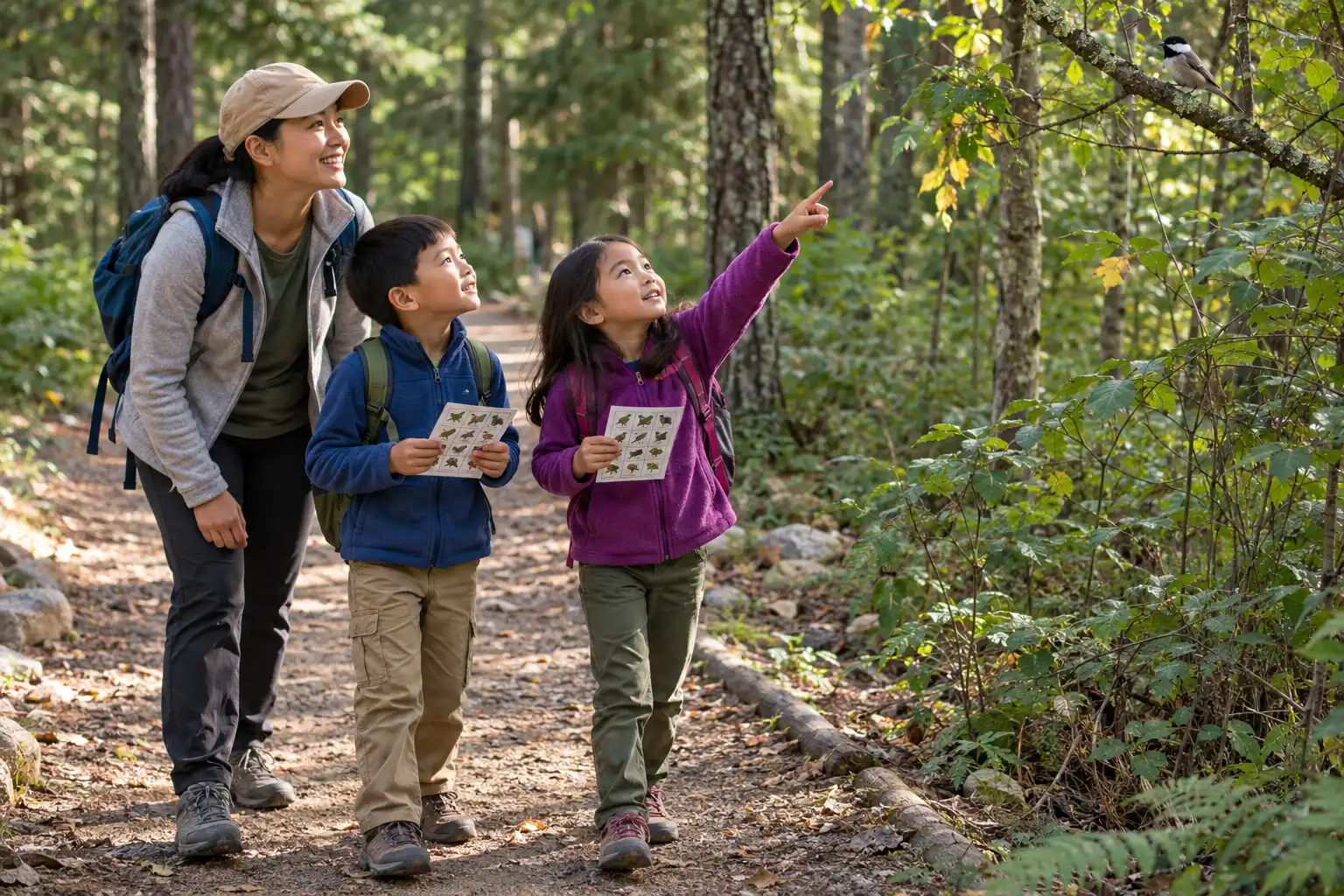 Children with an adult finding leaves and birds on a campground nature walk.