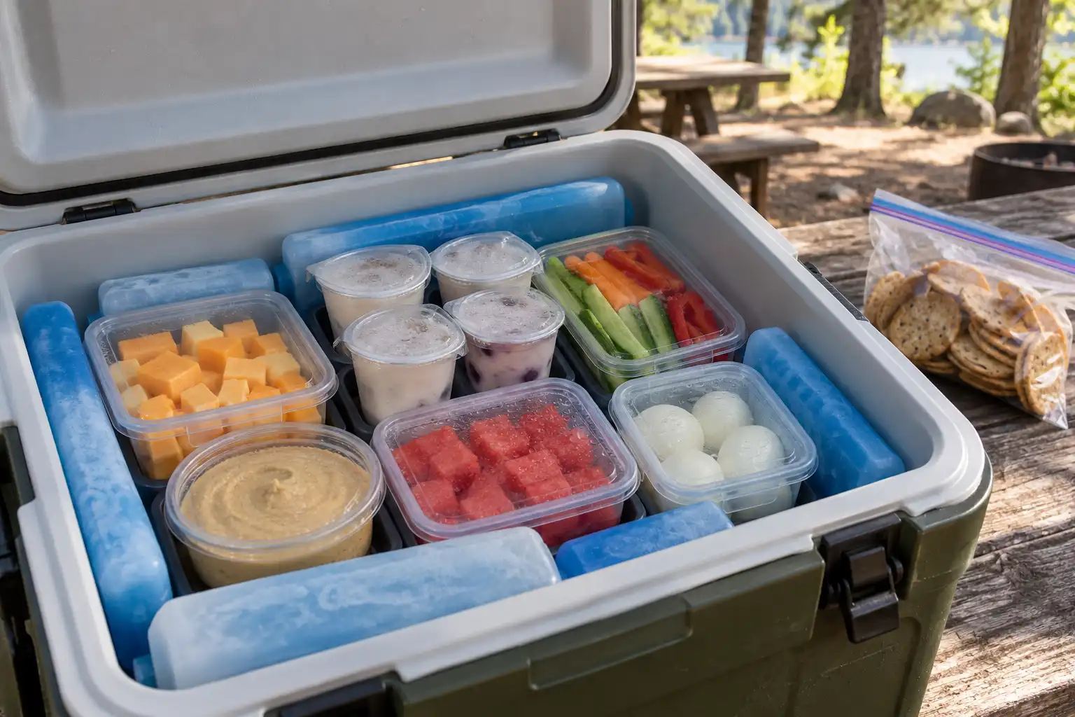 Cooler holding yogurt, cheese, hummus, fruit, and ice packs for camping snacks.