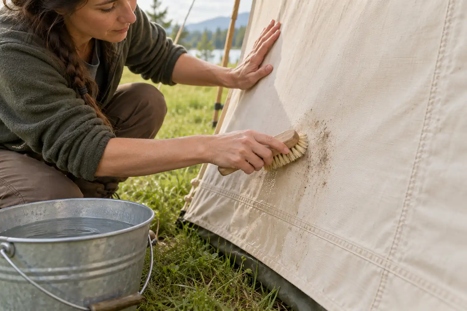 Camper cleaning beige canvas tent fabric using water and a soft brush