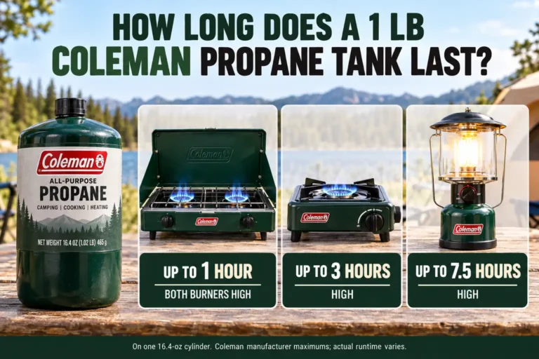 Coleman 1 lb propane tank runtime on a two-burner stove, single-burner stove, and lantern.