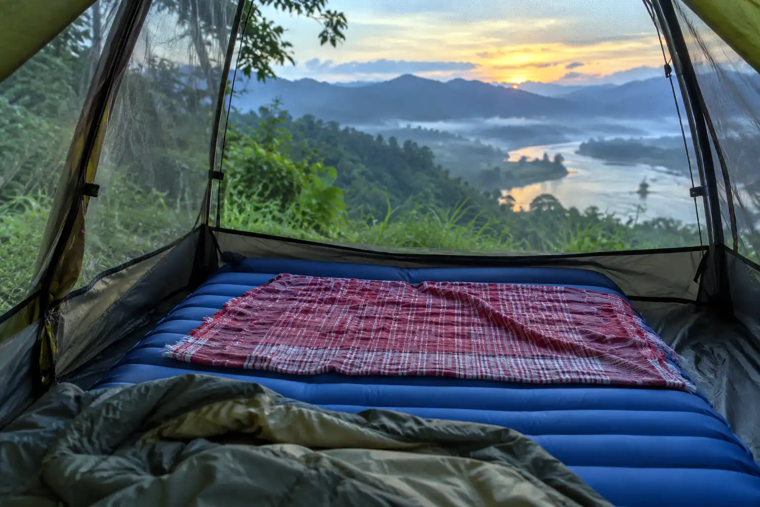 Thin cotton towel spread over a sleeping pad inside a ventilated tent