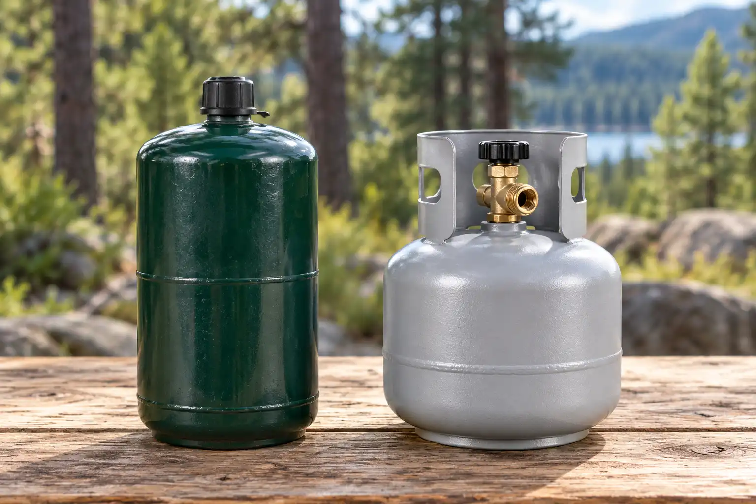 Disposable green propane bottle beside a refillable camping cylinder.
