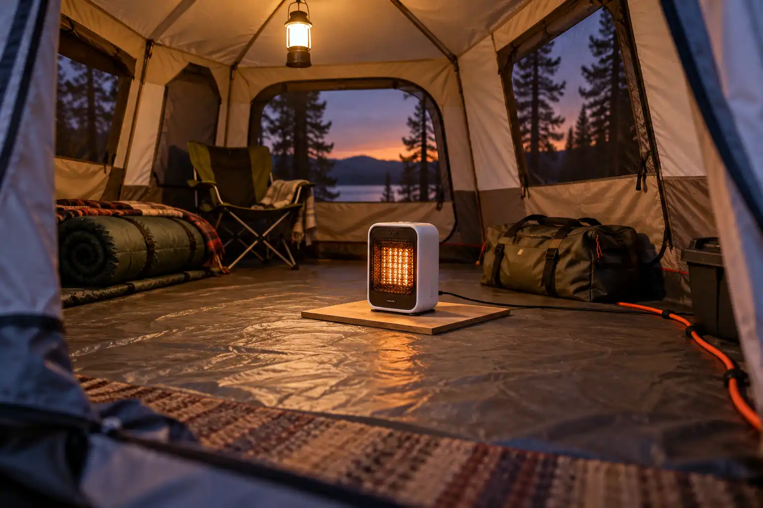Electric ceramic heater on a board inside a camping tent