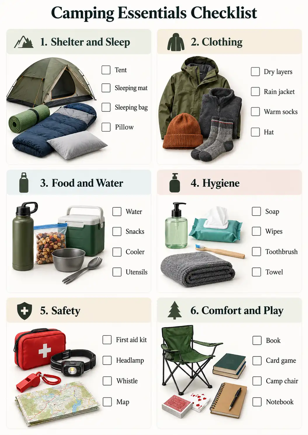 Illustrated checklist of essential gear for camping with kids.