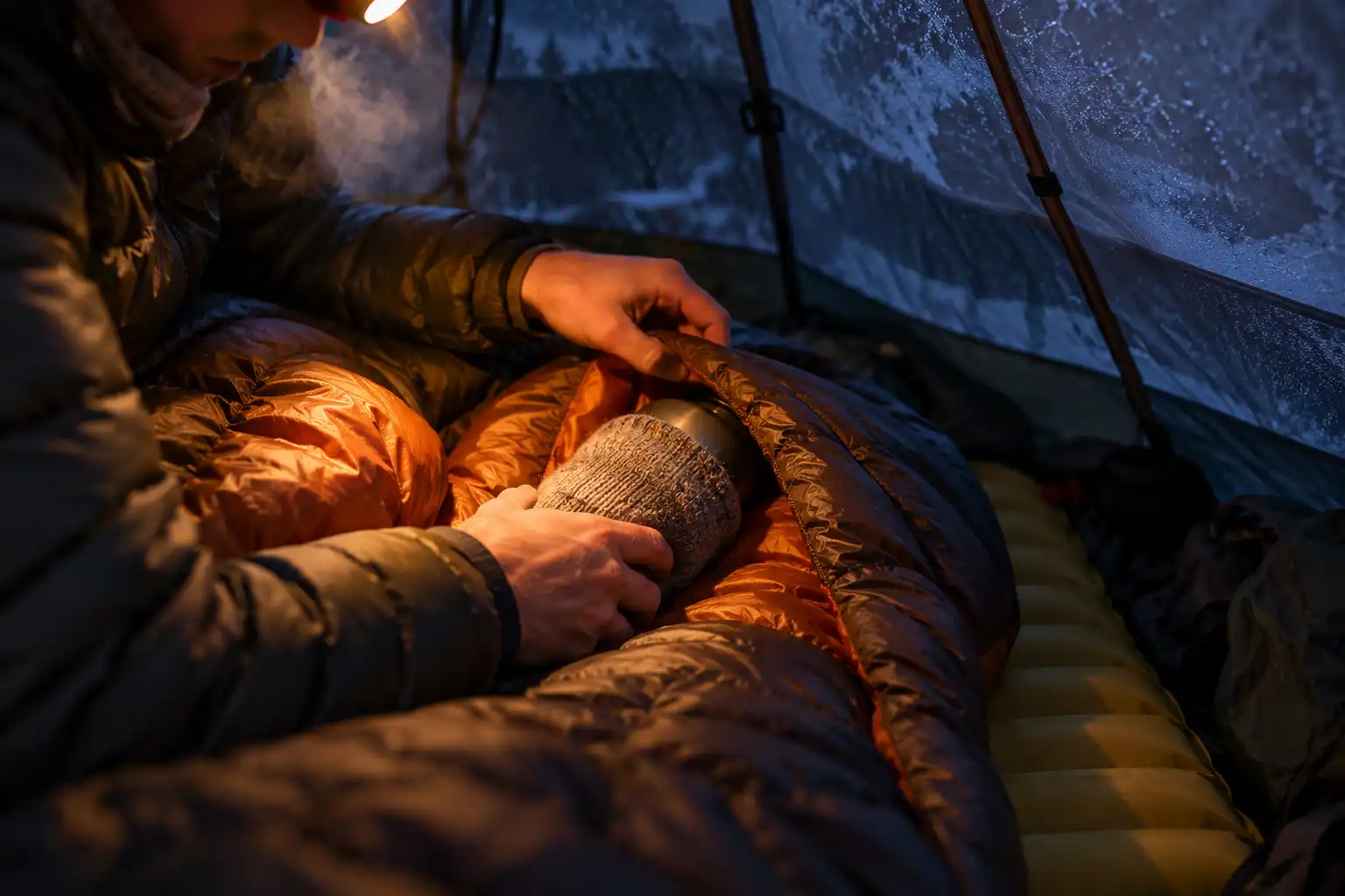 Hot water bottle wrapped in a sock going into a sleeping bag