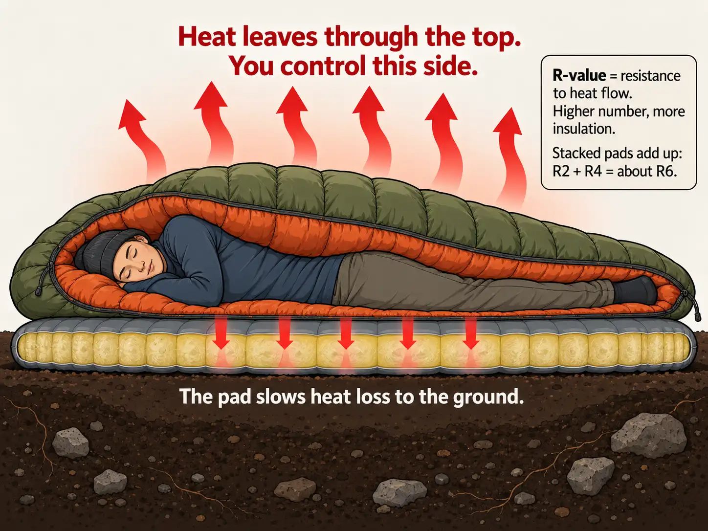 Diagram of body heat rising through a sleeping bag and slowed by a sleeping pad