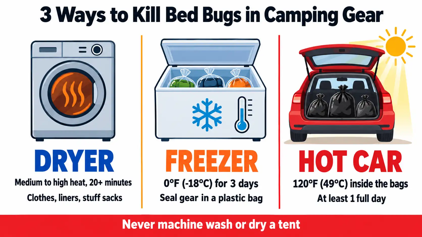 Dryer, freezer, and hot car methods for killing bed bugs in gear