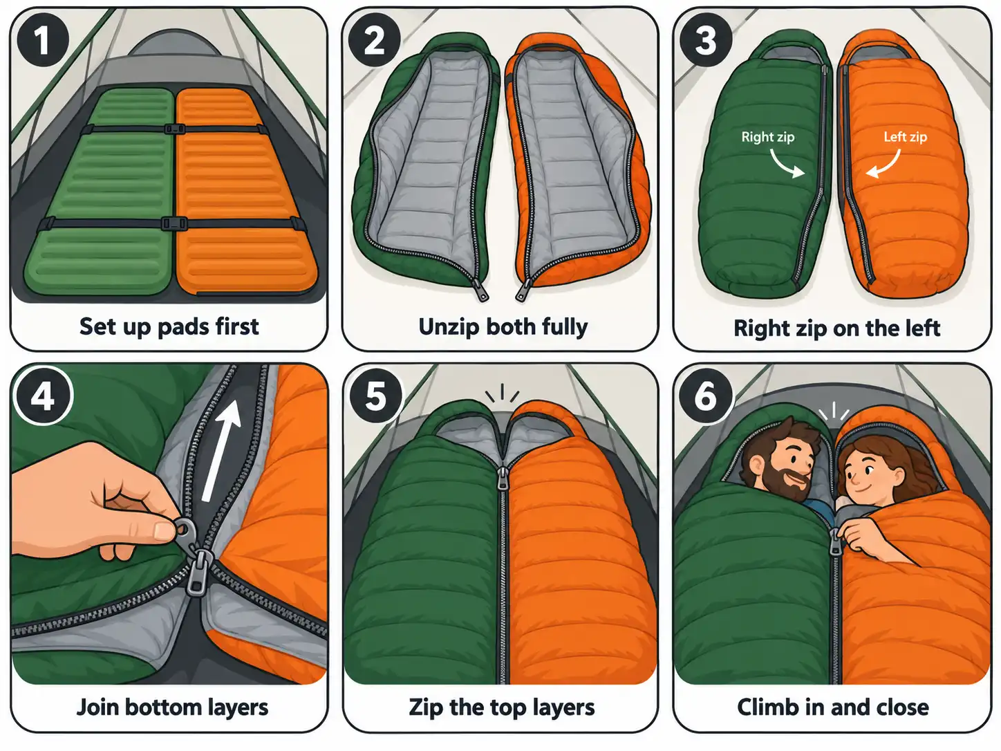 Six steps to zip a left zip and right zip sleeping bag together