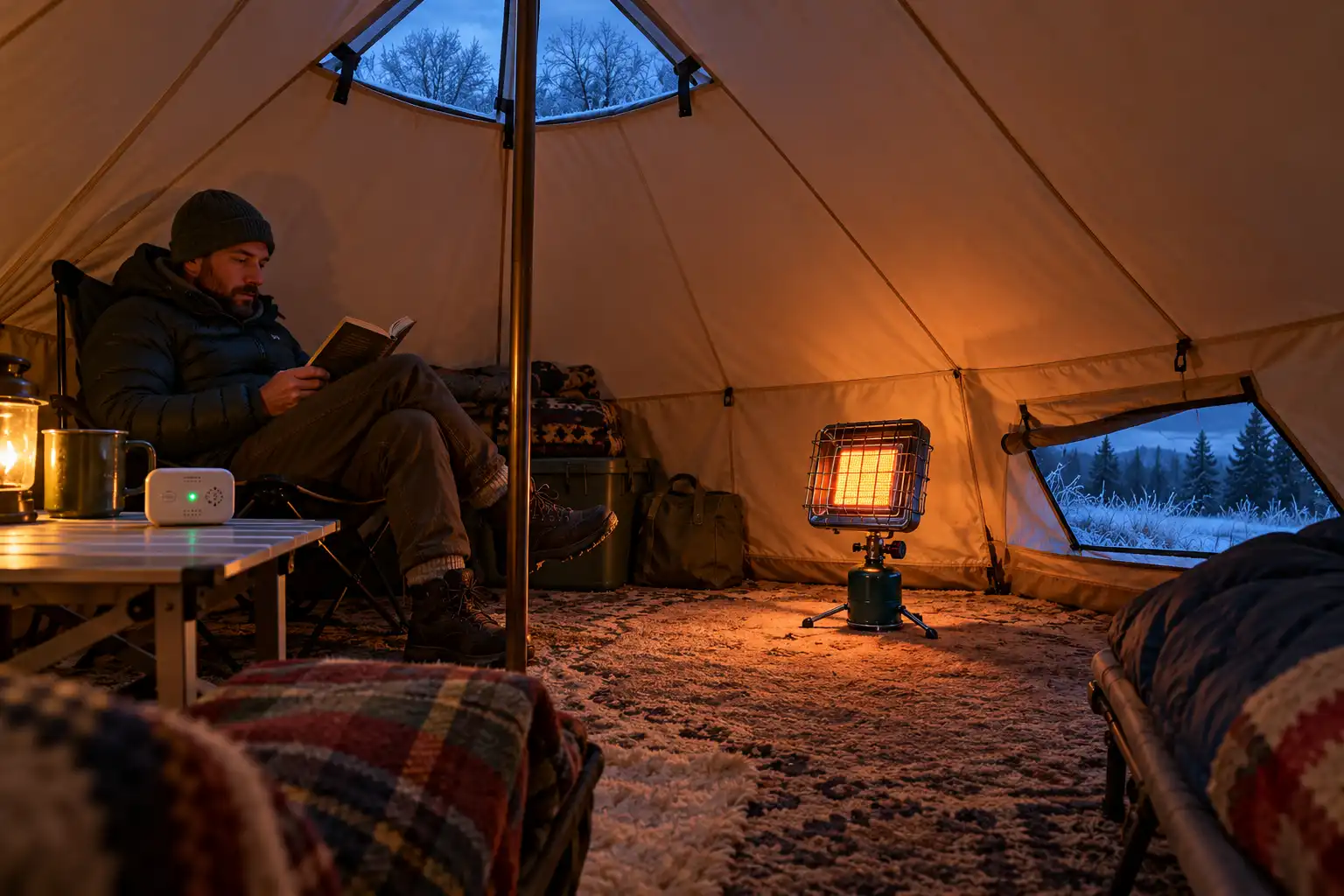 Indoor rated propane heater in a vented canvas tent with a CO alarm