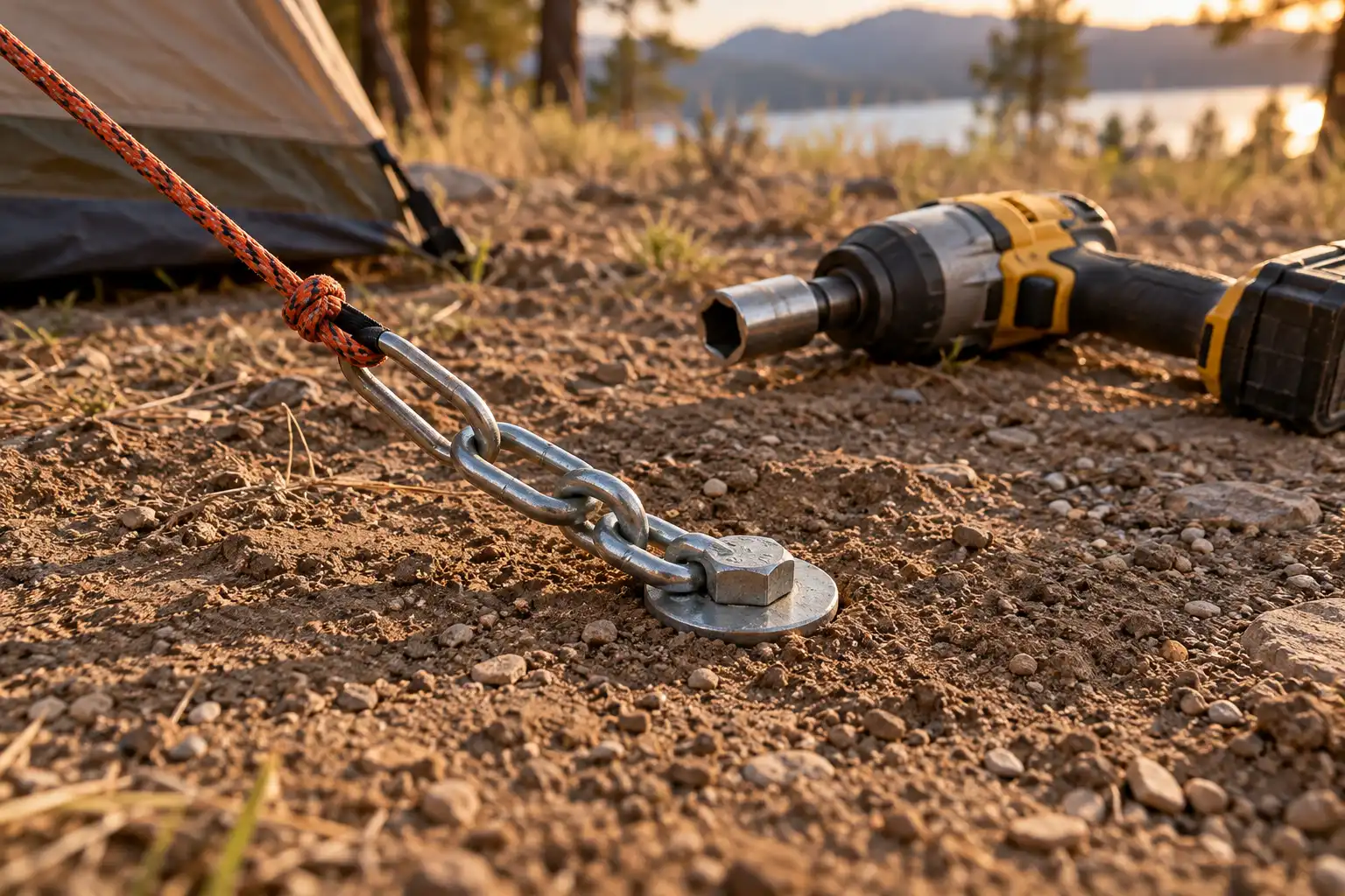 Galvanized lag screw with washer and chain link anchoring a tent guyline in firm soil.