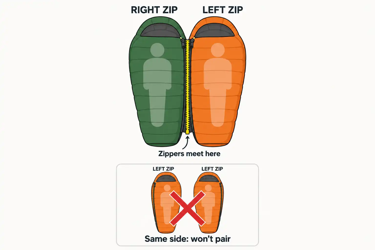 Right zip and left zip sleeping bags meeting in the middle