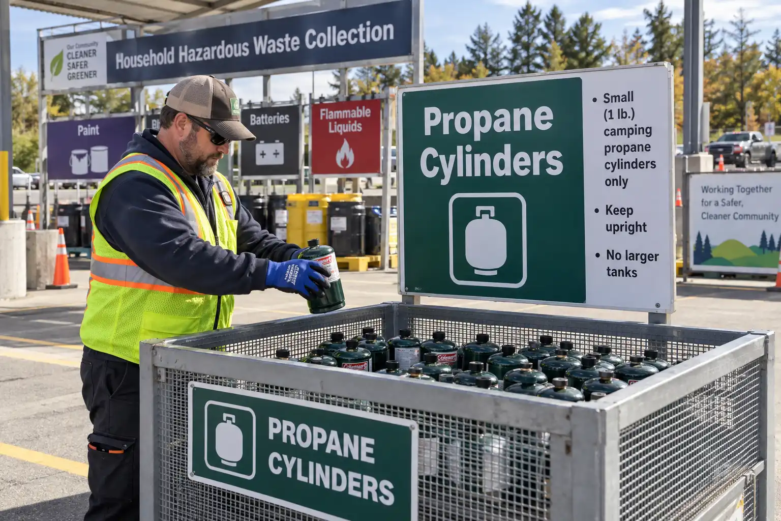 Small camping propane cylinders at a hazardous waste collection point.