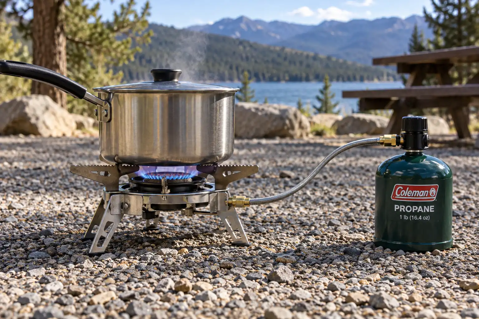 Small propane cylinder powering a camp stove outdoors.
