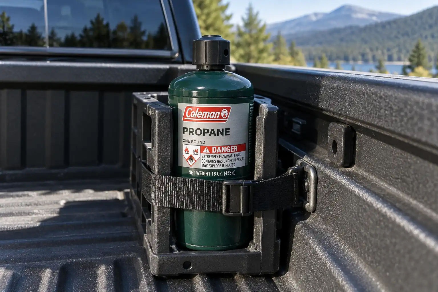 One-pound propane cylinder secured upright for a recycling trip.