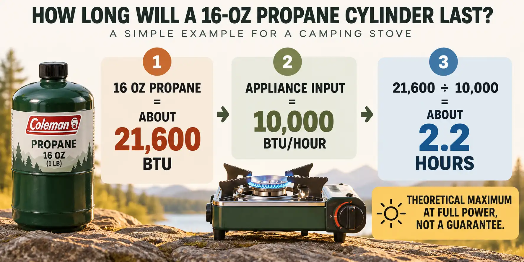 BTU calculation estimating 2.2 hours from a 16 oz propane cylinder on a 10000 BTU per hour appliance.