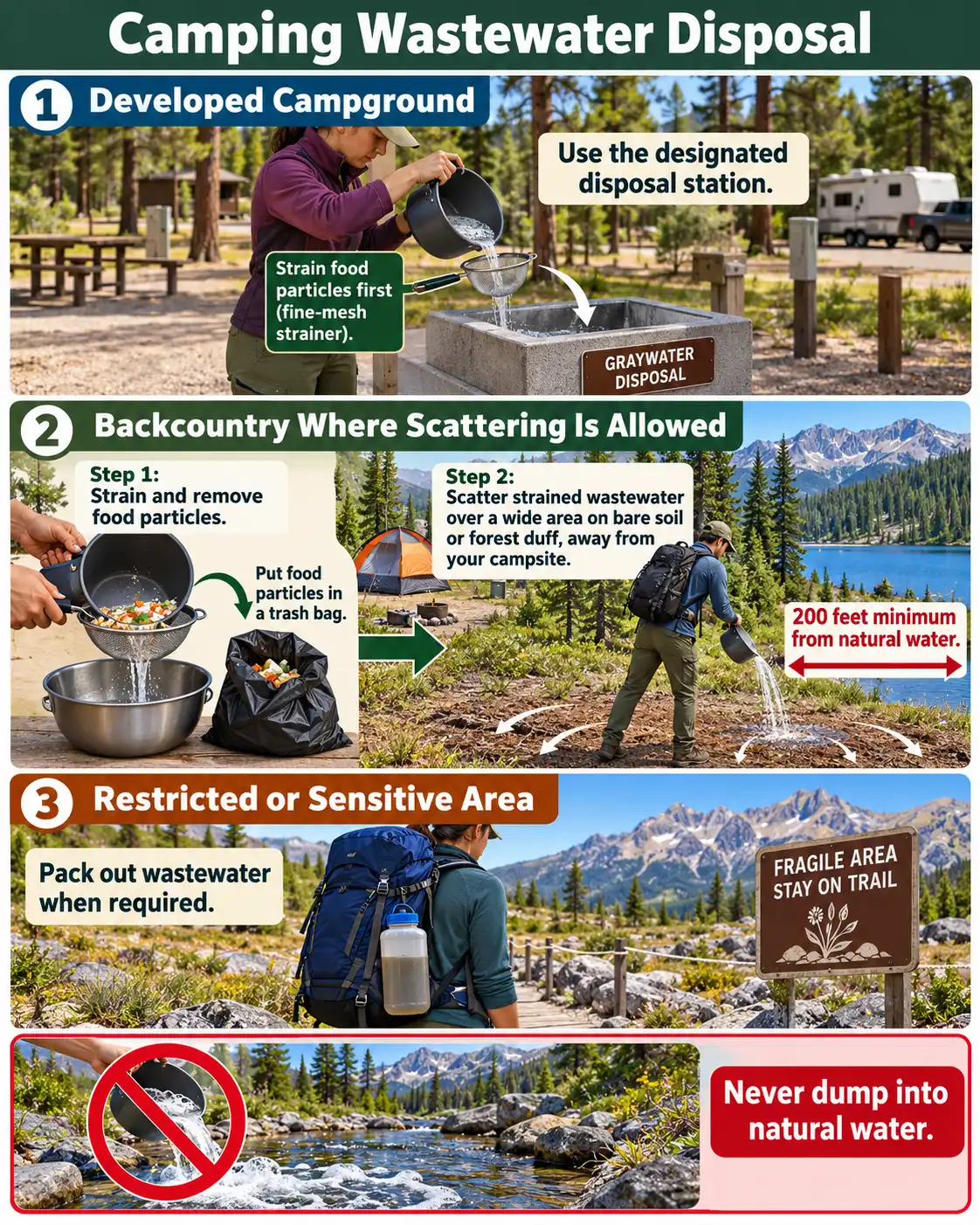 Diagram of proper camping wastewater disposal away from natural water sources.