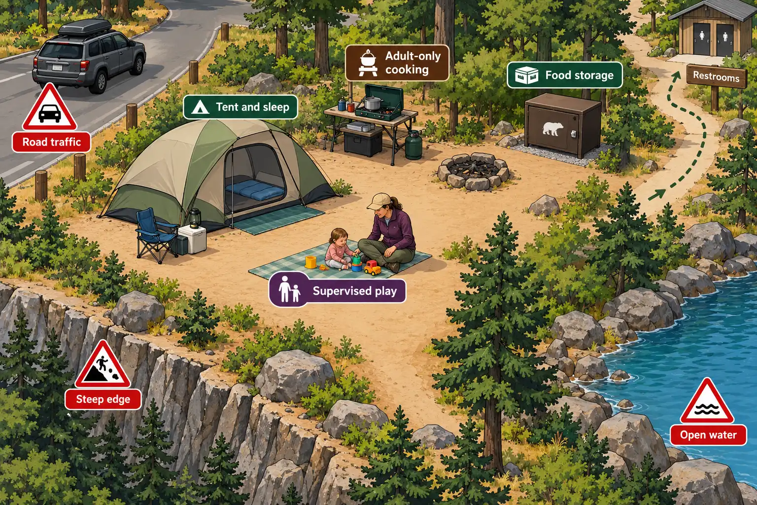Campsite layout showing a supervised toddler play area away from cooking and fire hazards.