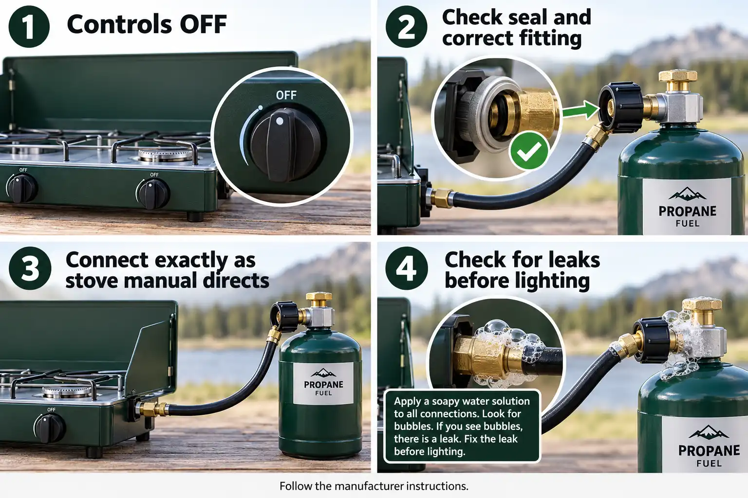 Four illustrations show how to connect a propane cylinder to a camping stove safely.
