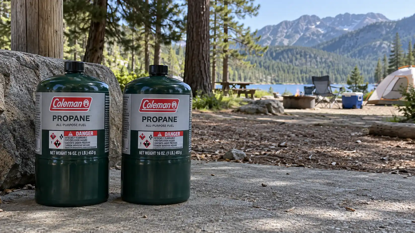 Upright capped propane cylinders stored in a shaded and ventilated outdoor spot.