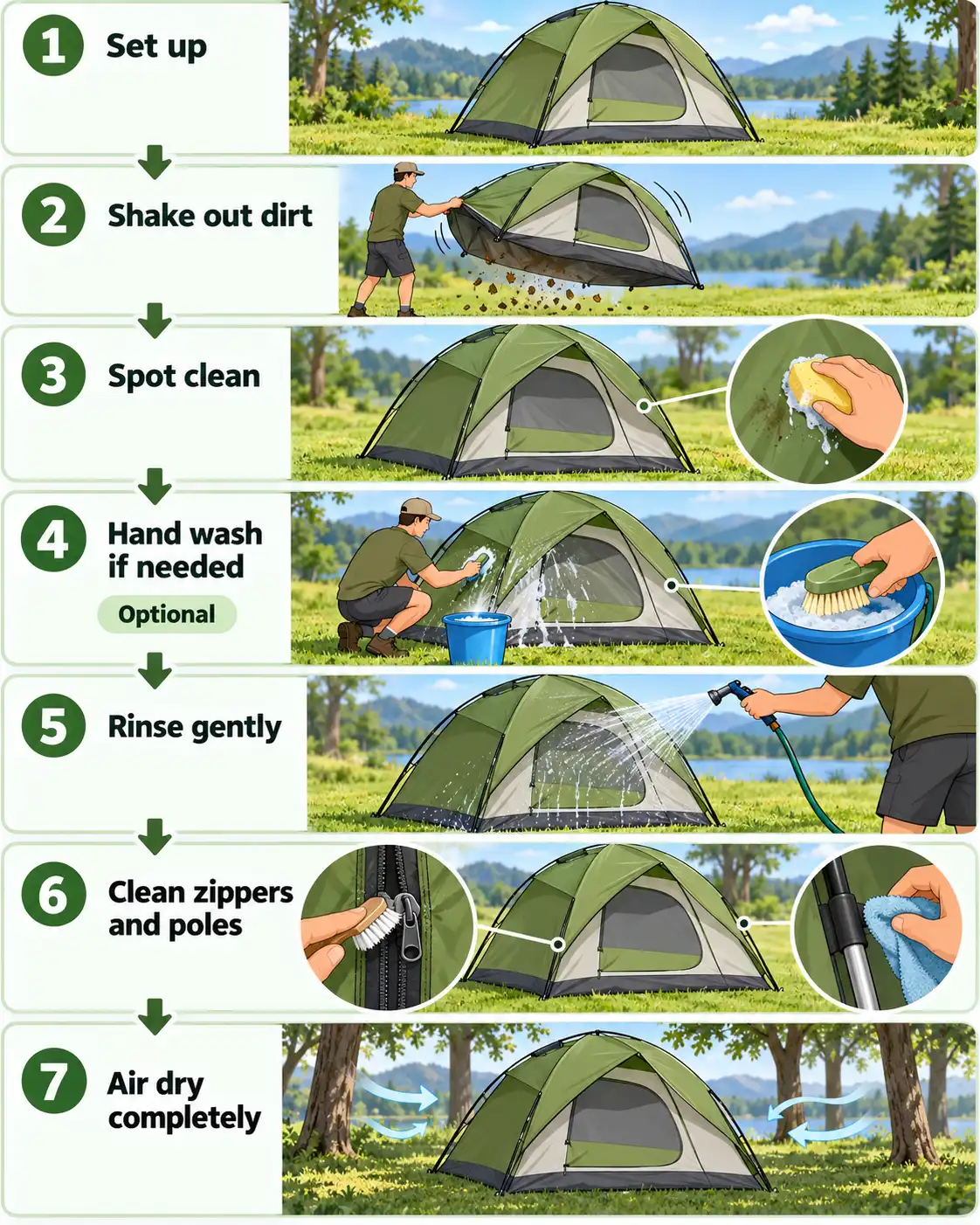 Infographic showing seven safe steps to hand wash and dry a tent