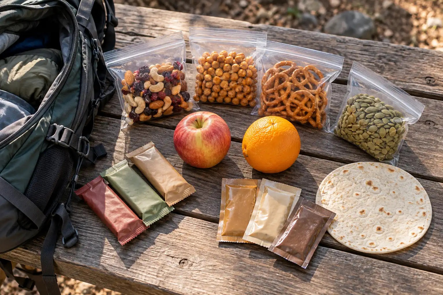 No-cooler camping snacks packed in reusable bags beside a hiking backpack.