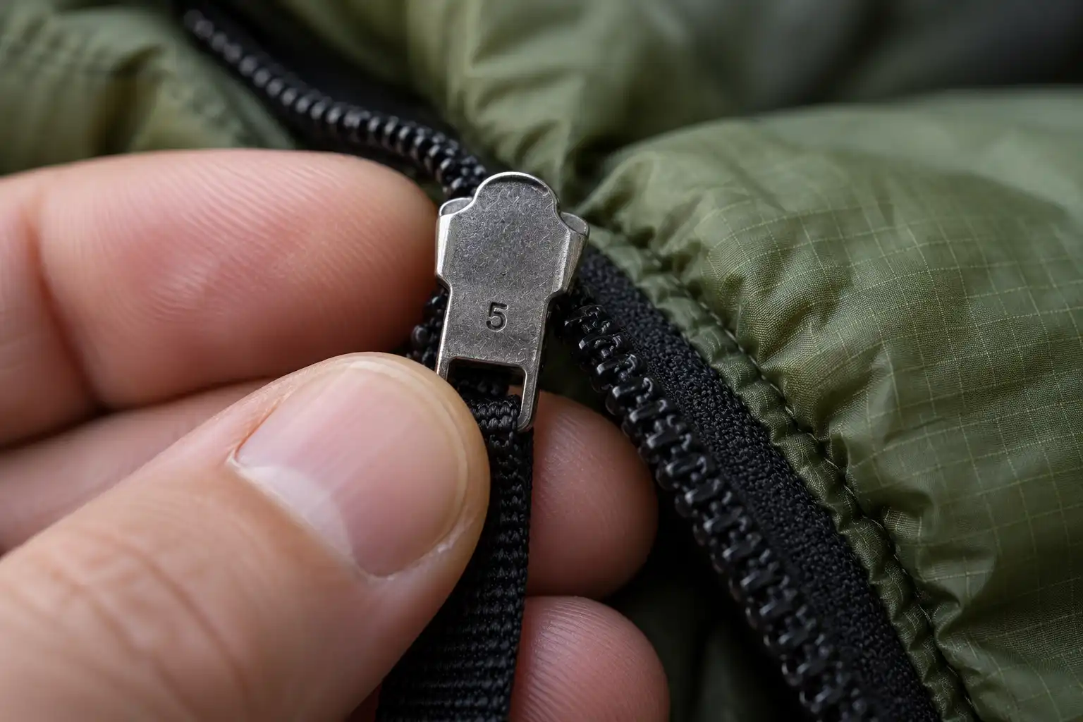 Zipper slider flipped over to show the size number 5